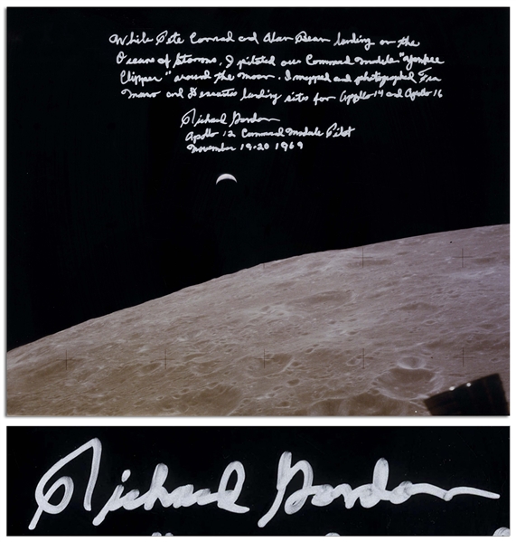 Dick Gordon Signed 20'' x 16'' ''Earthrise'' Photo -- Gordon Additionally Writes About the Apollo 12 Mission: ''...I piloted our Command Module 'Yankee Clipper' around the moon...''